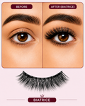 Before-and-after comparison of false eyelashes on a person's eye, with the left side labeled BEFORE and the right side labeled AFTER (BIATRICE), plus a single pair of black false eyelashes shown below on a pale pink background.