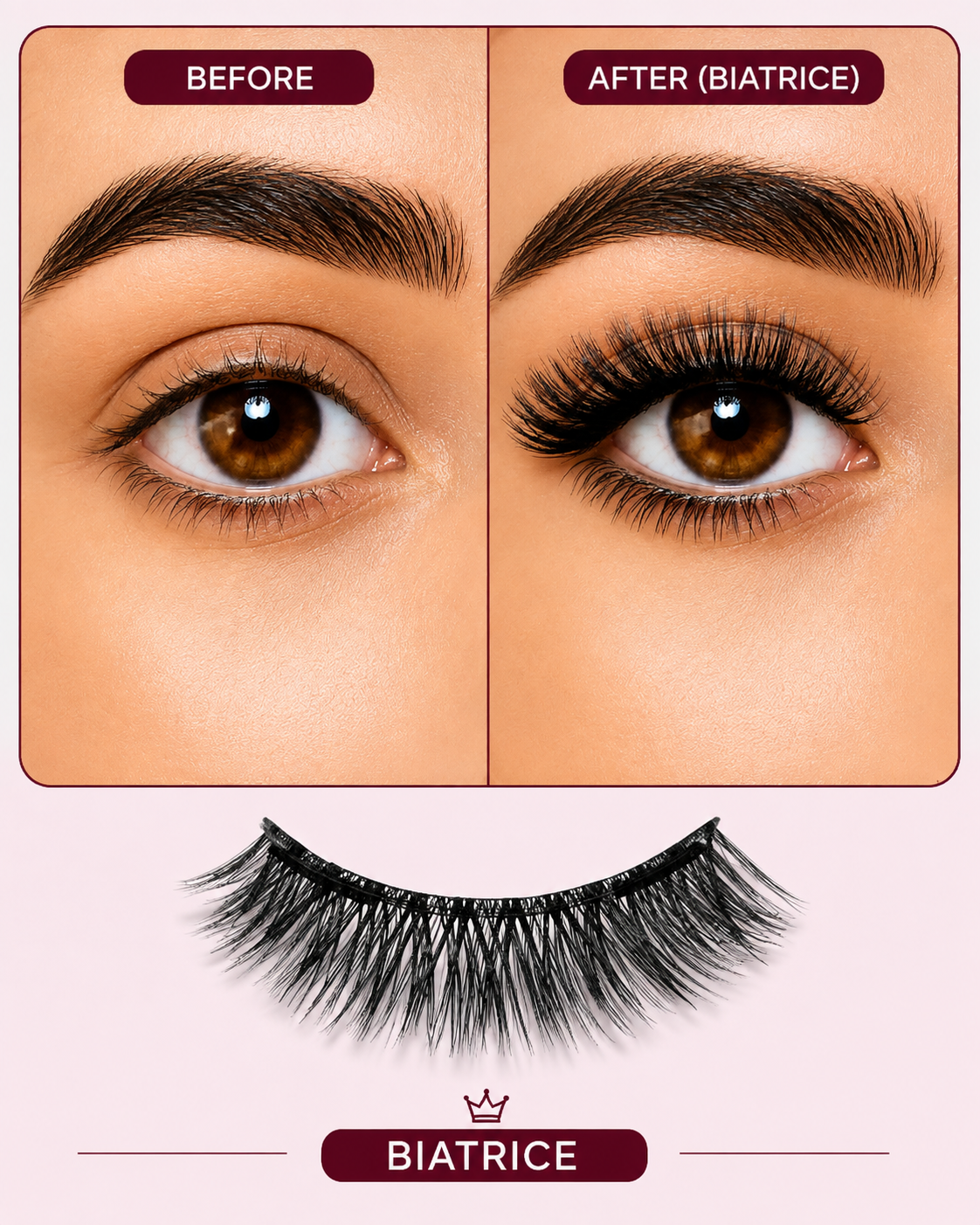 Before-and-after comparison of false eyelashes on a person's eye, with the left side labeled BEFORE and the right side labeled AFTER (BIATRICE), plus a single pair of black false eyelashes shown below on a pale pink background.