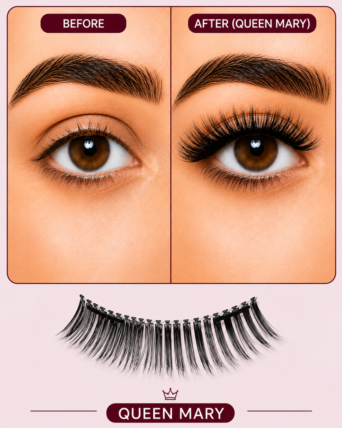 Before-and-after comparison of false eyelashes on a model's eye, with the left side labeled BEFORE and the right side labeled AFTER (QUEEN MARY), plus the lash product shown below on a pale pink background with the brand name QUEEN MARY.